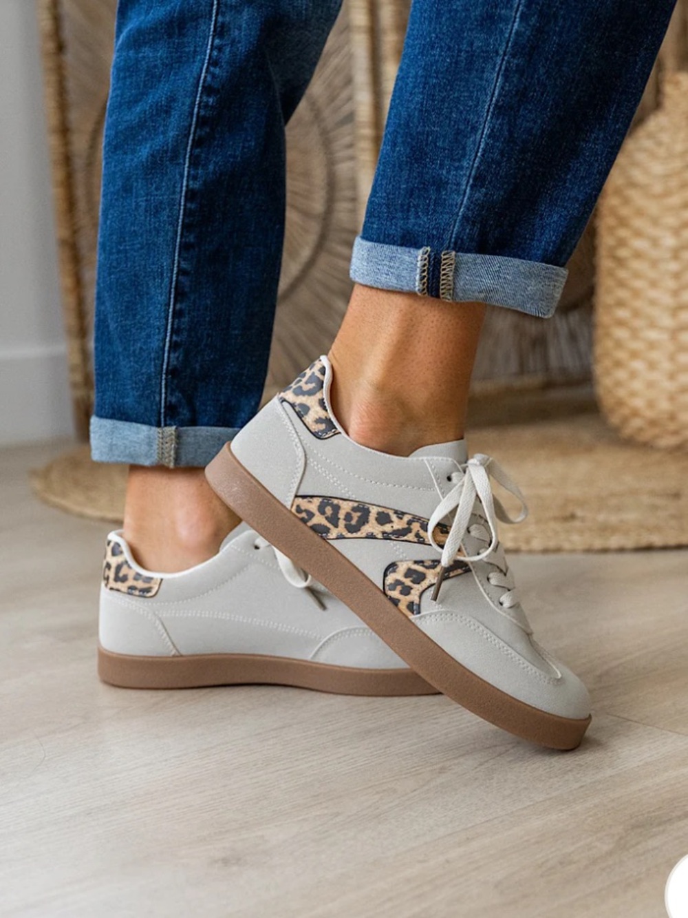 Very G Cream Sneakers with Leopard Print Accent and Tan Sole